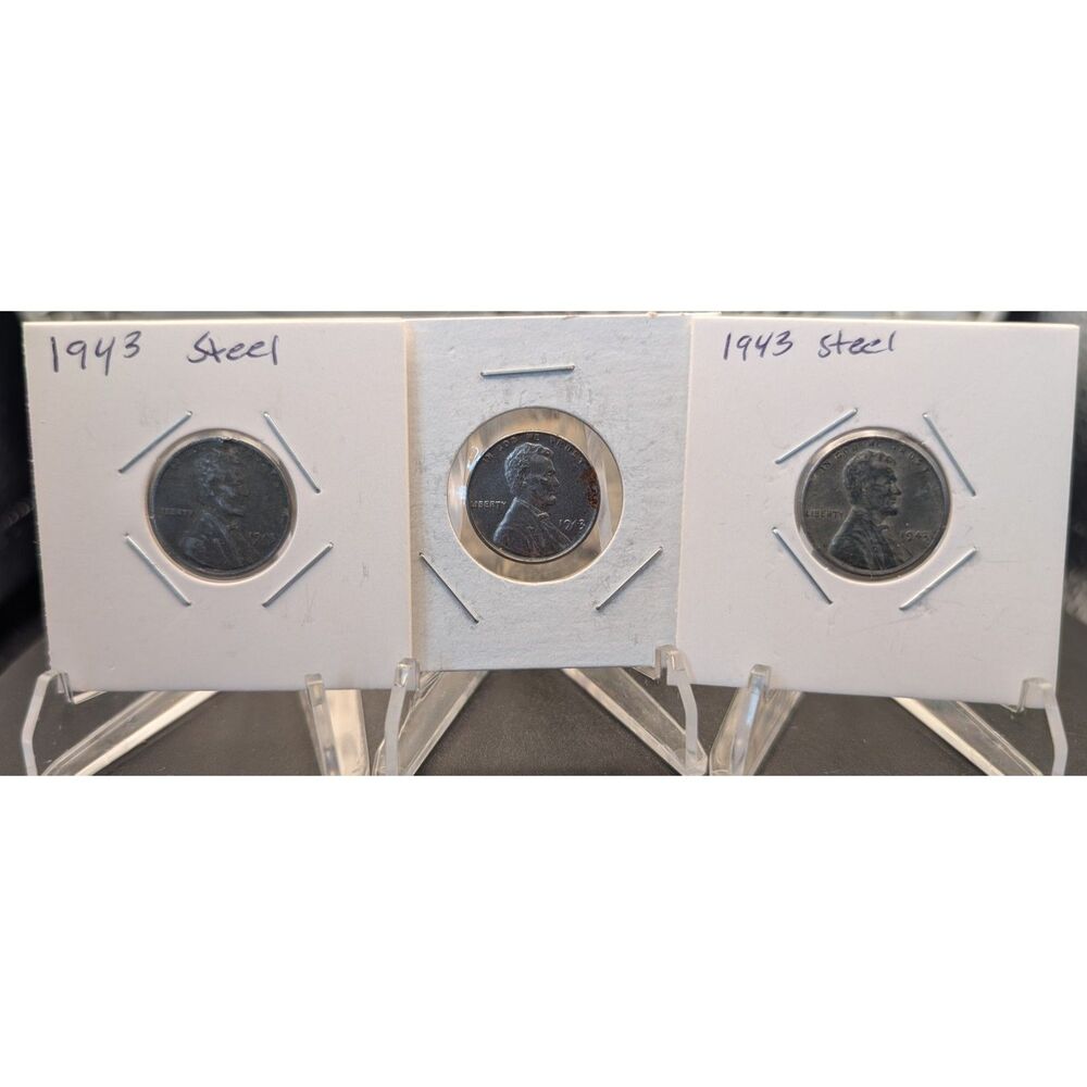 1943 Steel Wheat Cent Lot of 3 • WWII Zinc‑Coated Pennies • UMM Finds